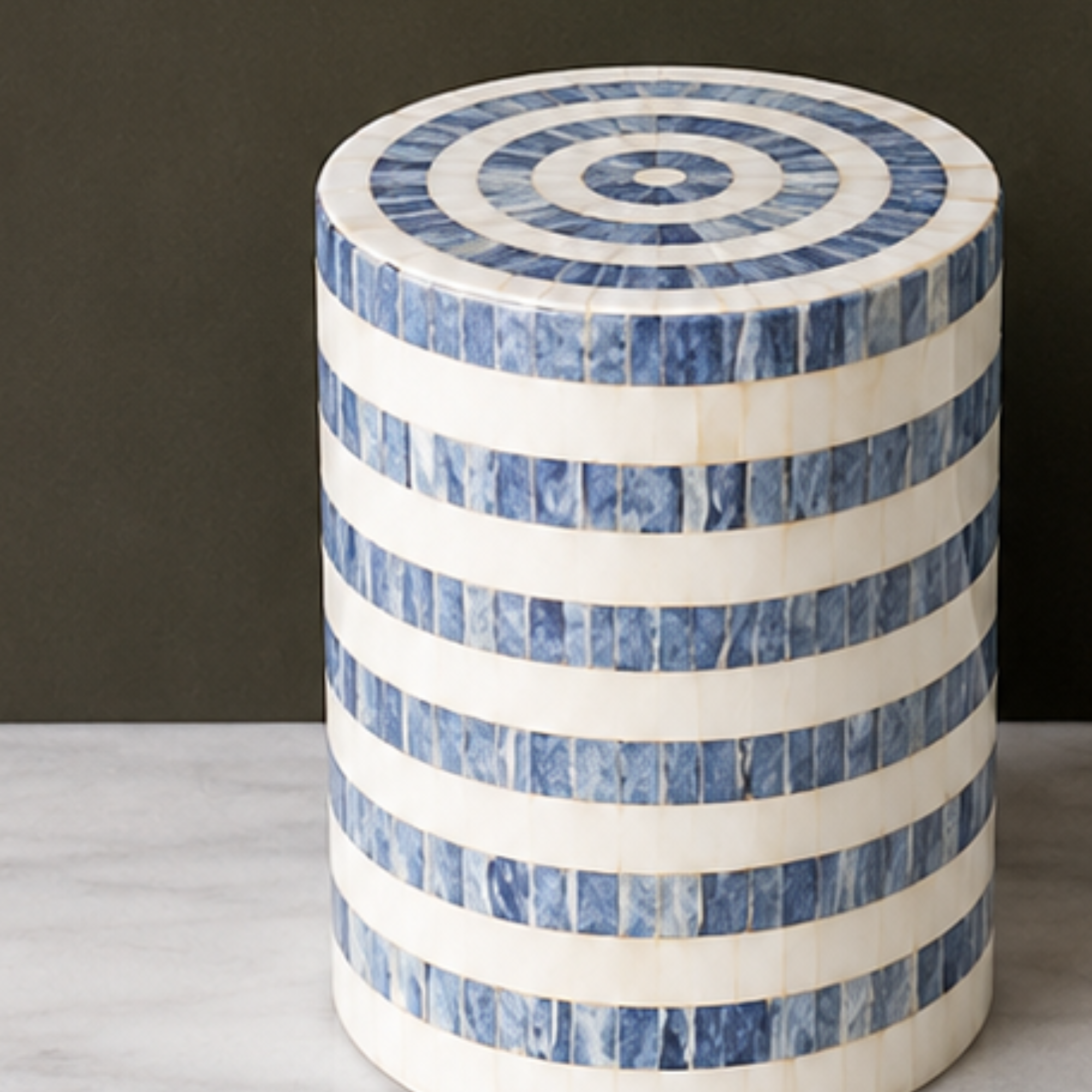 Handmade indigo Stripe Bone Inlay End Table | Round Accent Side Table