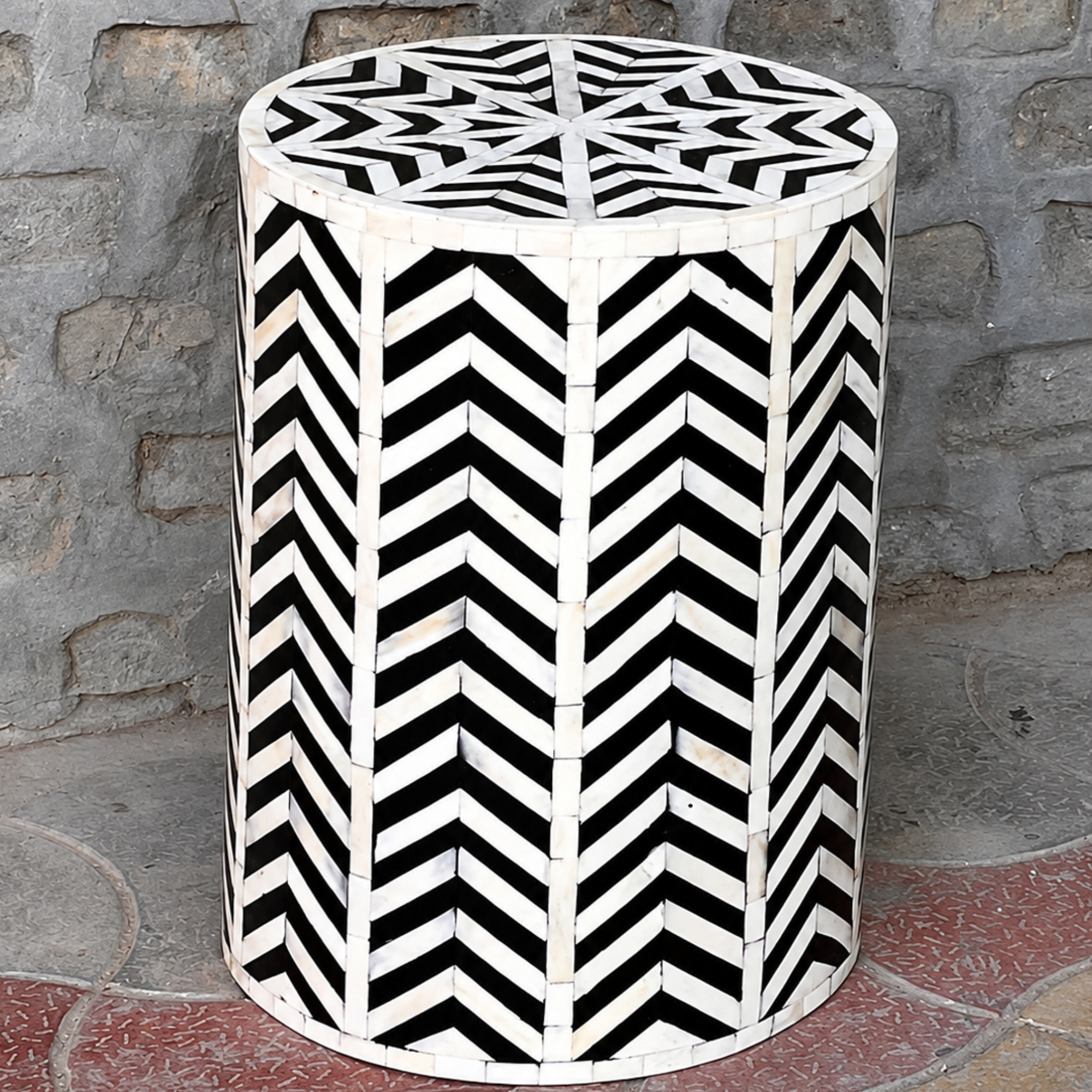 Black & White Chevron Bone Inlay Round End Table – Handmade Luxury Accent Table