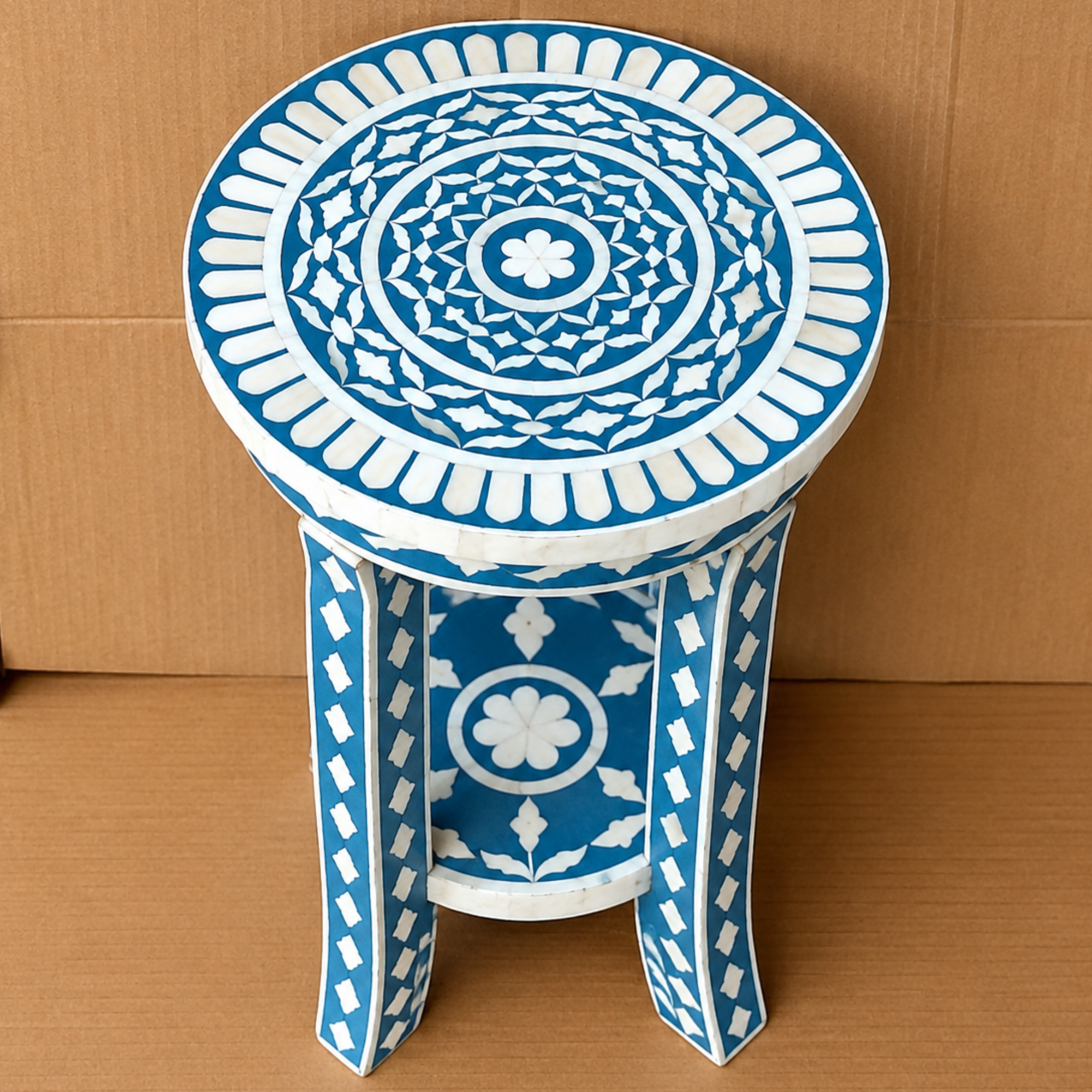 Coral blue Bone Inlay Round Accent Table | Handmade Decorative End Table