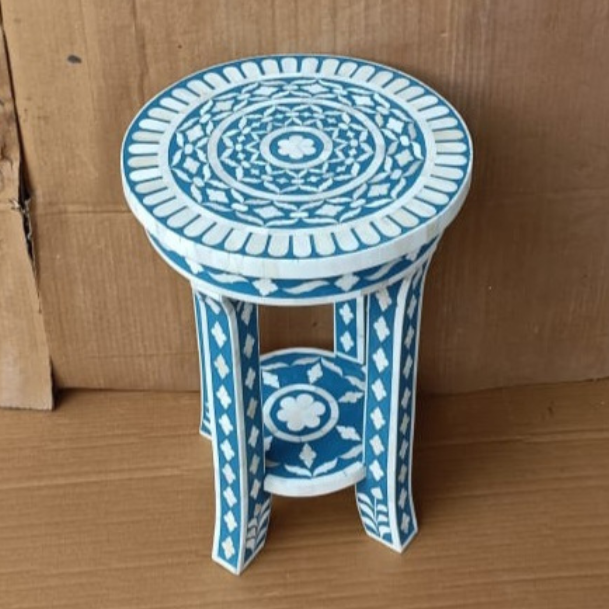 Coral blue Bone Inlay Round Accent Table | Handmade Decorative End Table