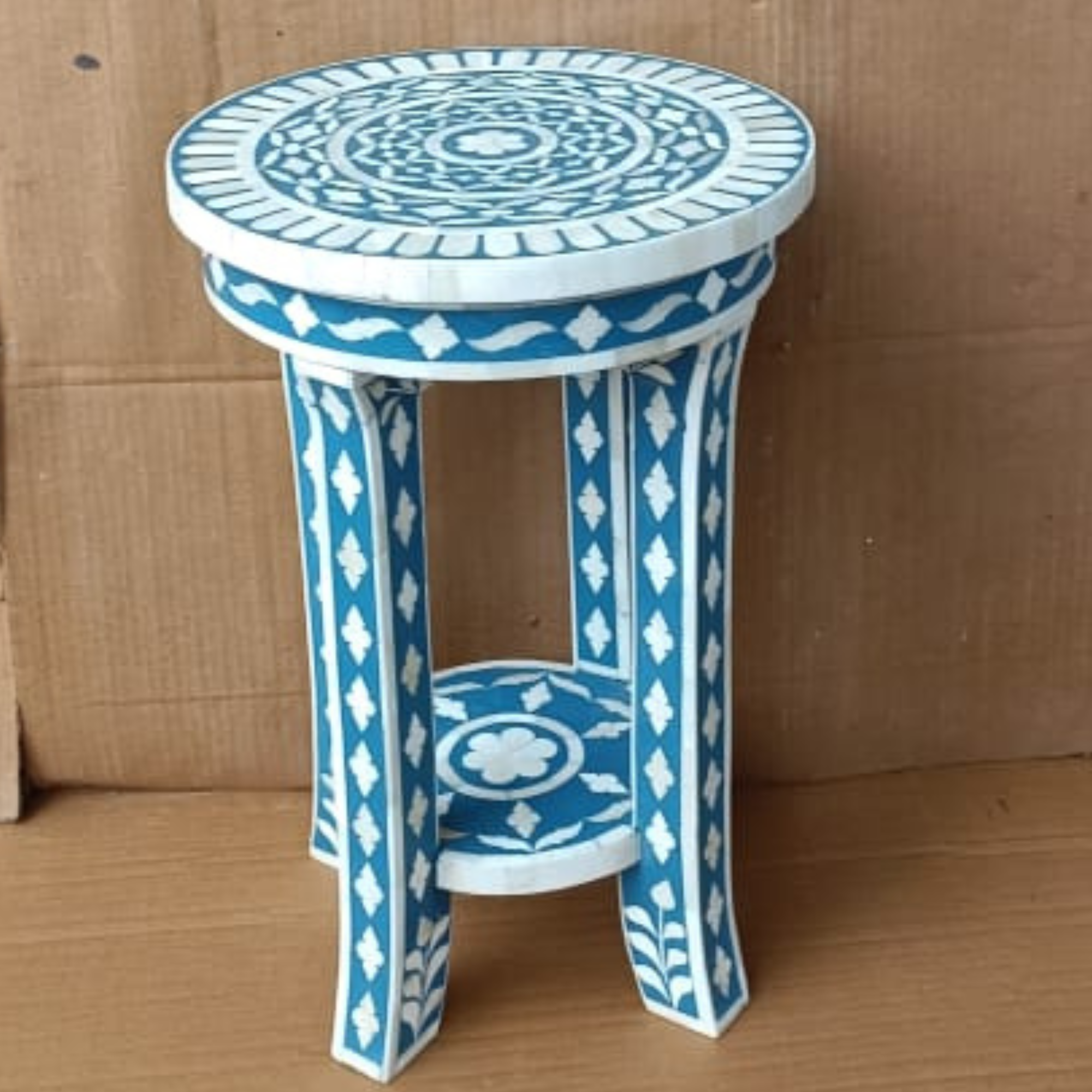 Coral blue Bone Inlay Round Accent Table | Handmade Decorative End Table