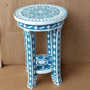 Coral blue Bone Inlay Round Accent Table | Handmade Decorative End Table