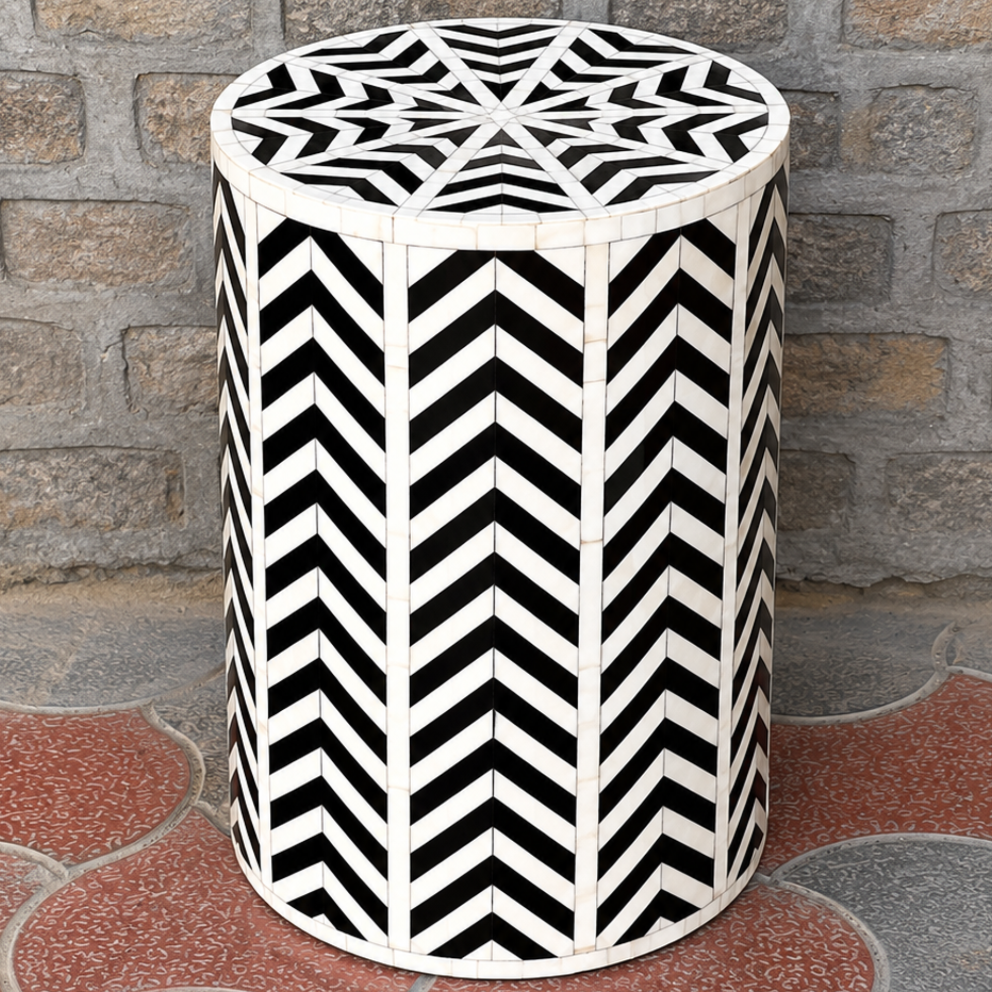 Black & White Chevron Bone Inlay Round End Table – Handmade Luxury Accent Table