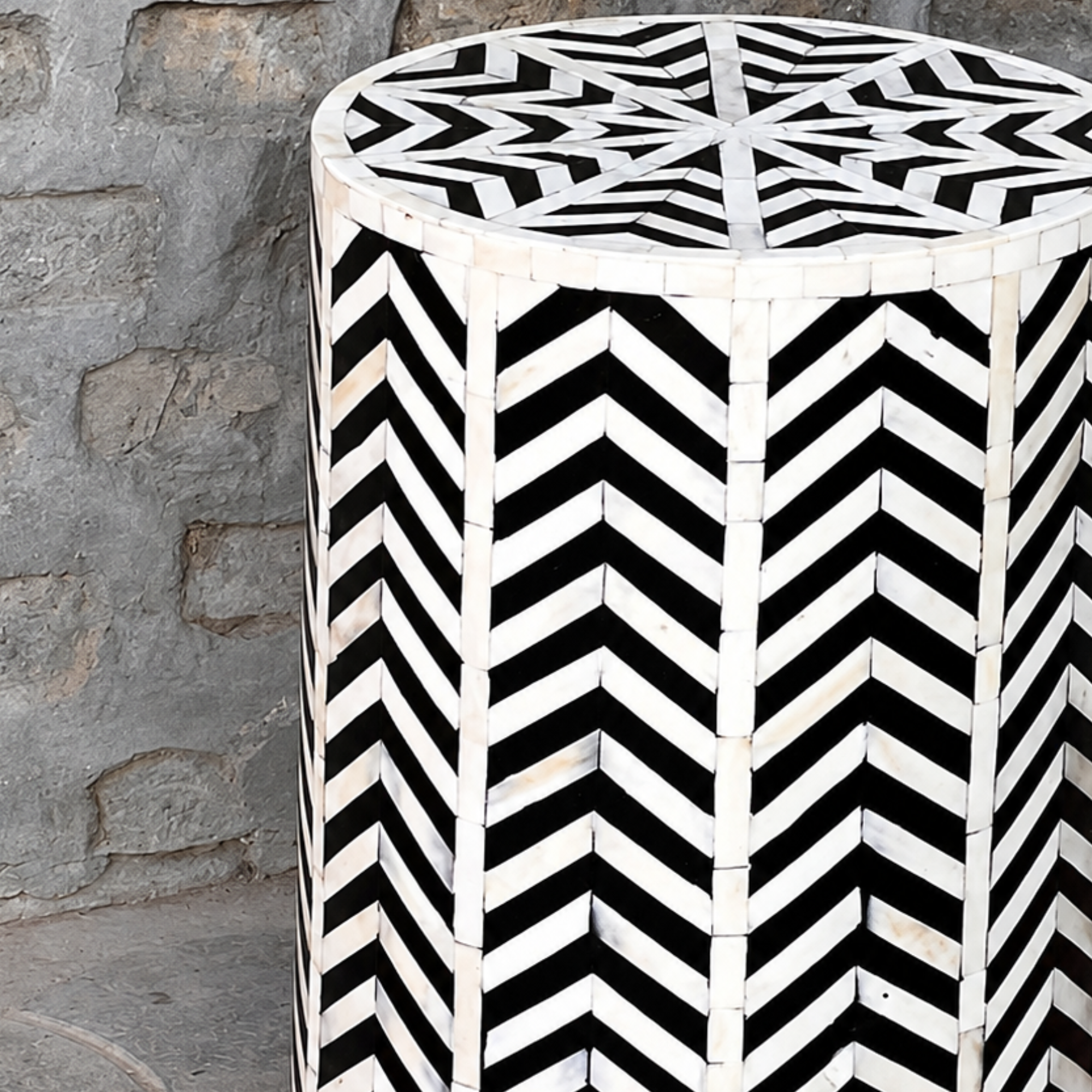 Black & White Chevron Bone Inlay Round End Table – Handmade Luxury Accent Table
