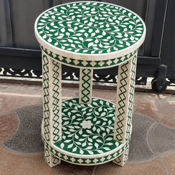Handmade Green & White Bone Inlay End Table – Floral Round Side Table with Shelf