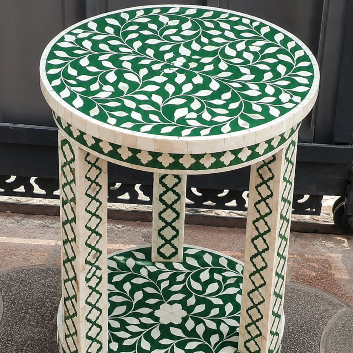 Handmade Green & White Bone Inlay End Table – Floral Round Side Table with Shelf