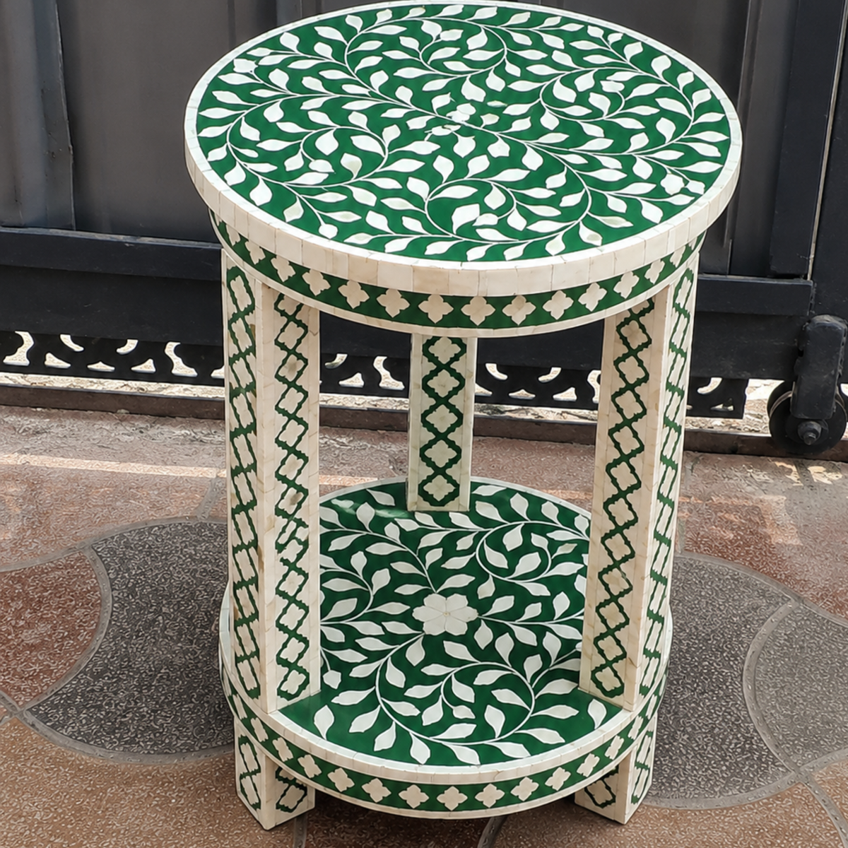 Handmade Green & White Bone Inlay End Table – Floral Round Side Table with Shelf