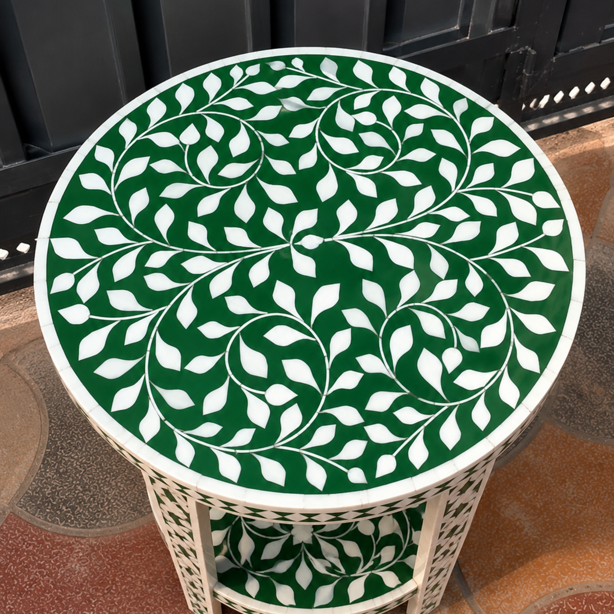 Handmade Green & White Bone Inlay End Table – Floral Round Side Table with Shelf