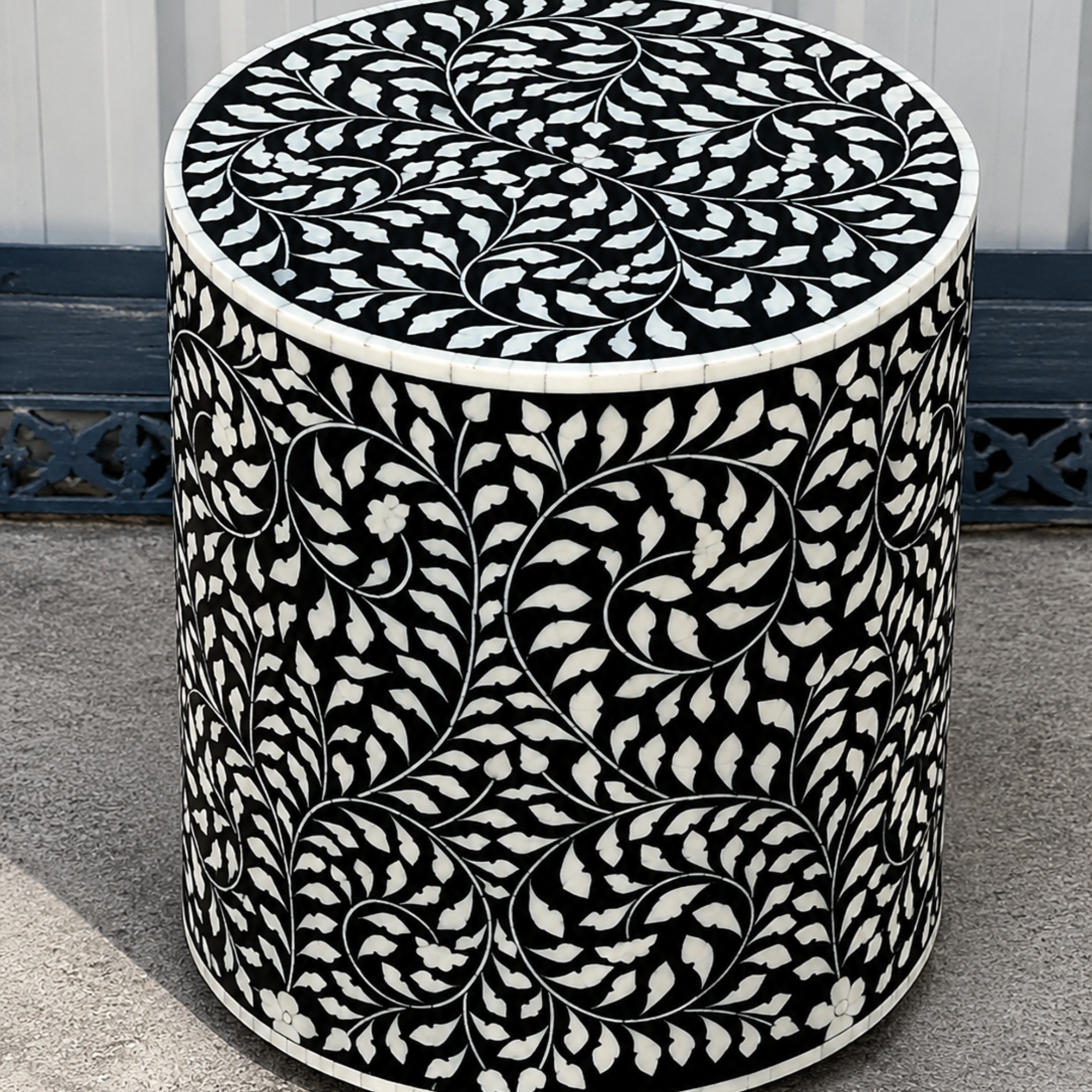 Black Floral Bone Inlay Round Side Table – Handmade Drum End Table