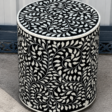 Black Floral Bone Inlay Round Side Table – Handmade Drum End Table