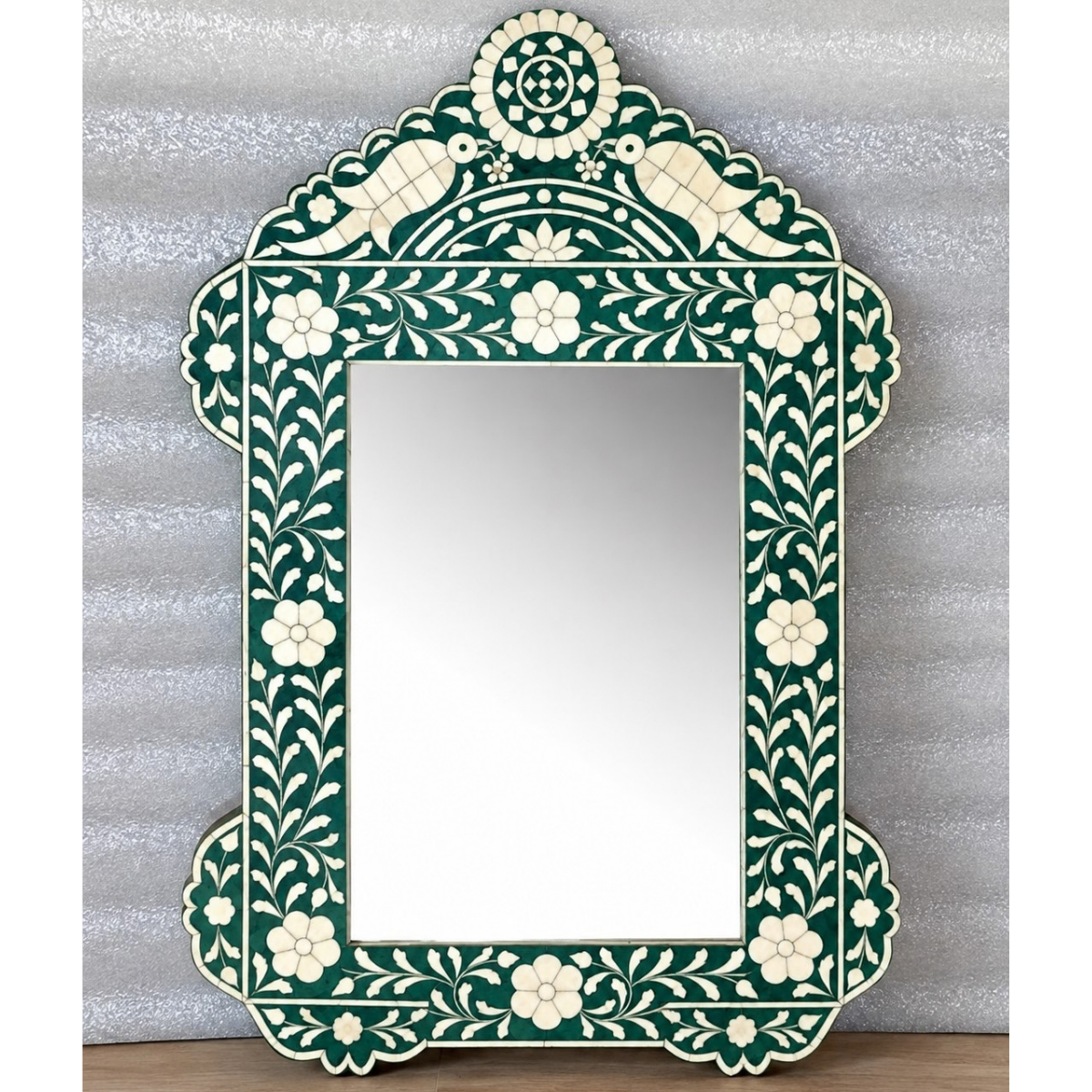 Handmade Green Floral Bone Inlay Mirror – Peacock Decorative Wall Mirror