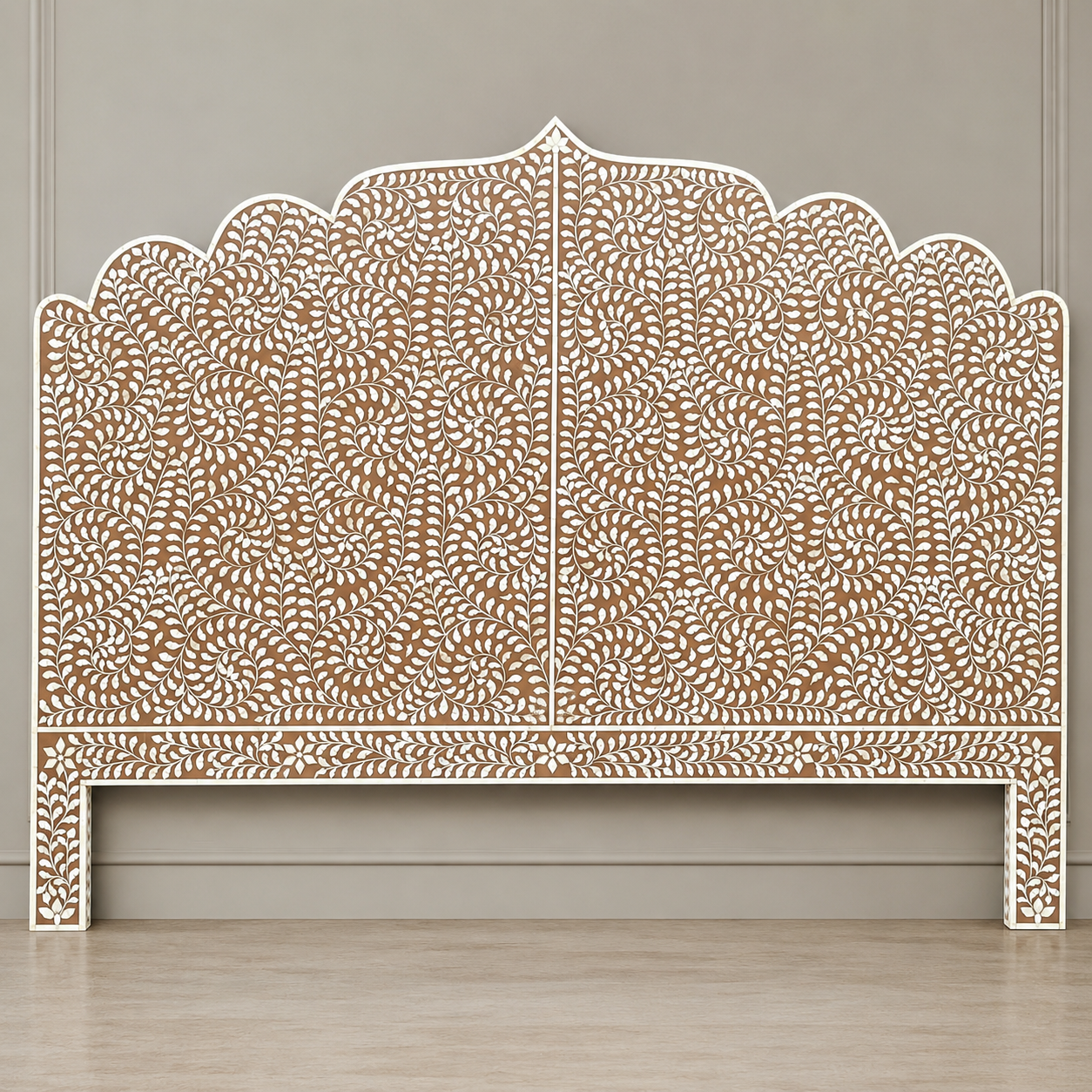 Brown Floral Bone Inlay Headboard – Handmade Scalloped Luxury Bedhead