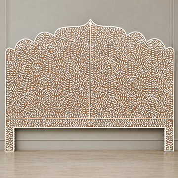 Brown Floral Bone Inlay Headboard – Handmade Scalloped Luxury Bedhead