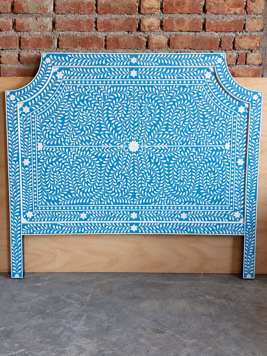 Handmade Blue & White Bone Inlay Headboard – Floral Arch Statement Bedhead