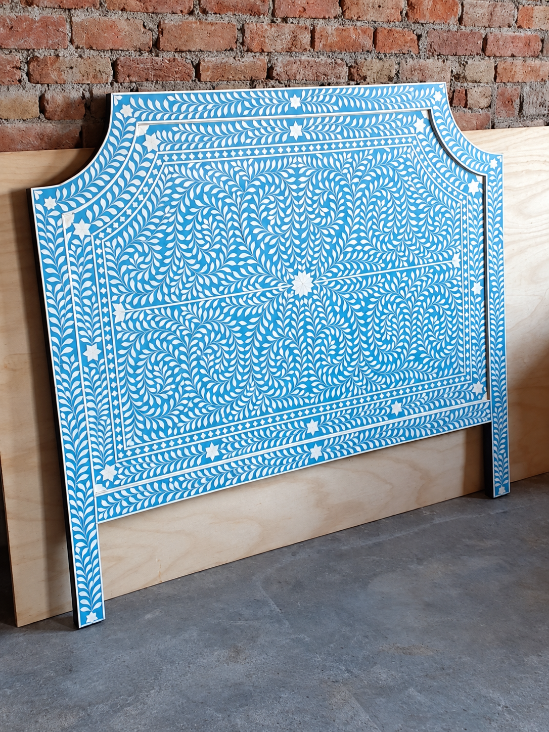 Handmade Blue & White Bone Inlay Headboard – Floral Arch Statement Bedhead