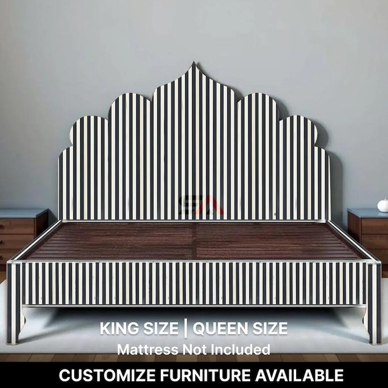 Handmade Black White Striped Bone Inlay Bed Modern Luxury Platform Bed Frame
