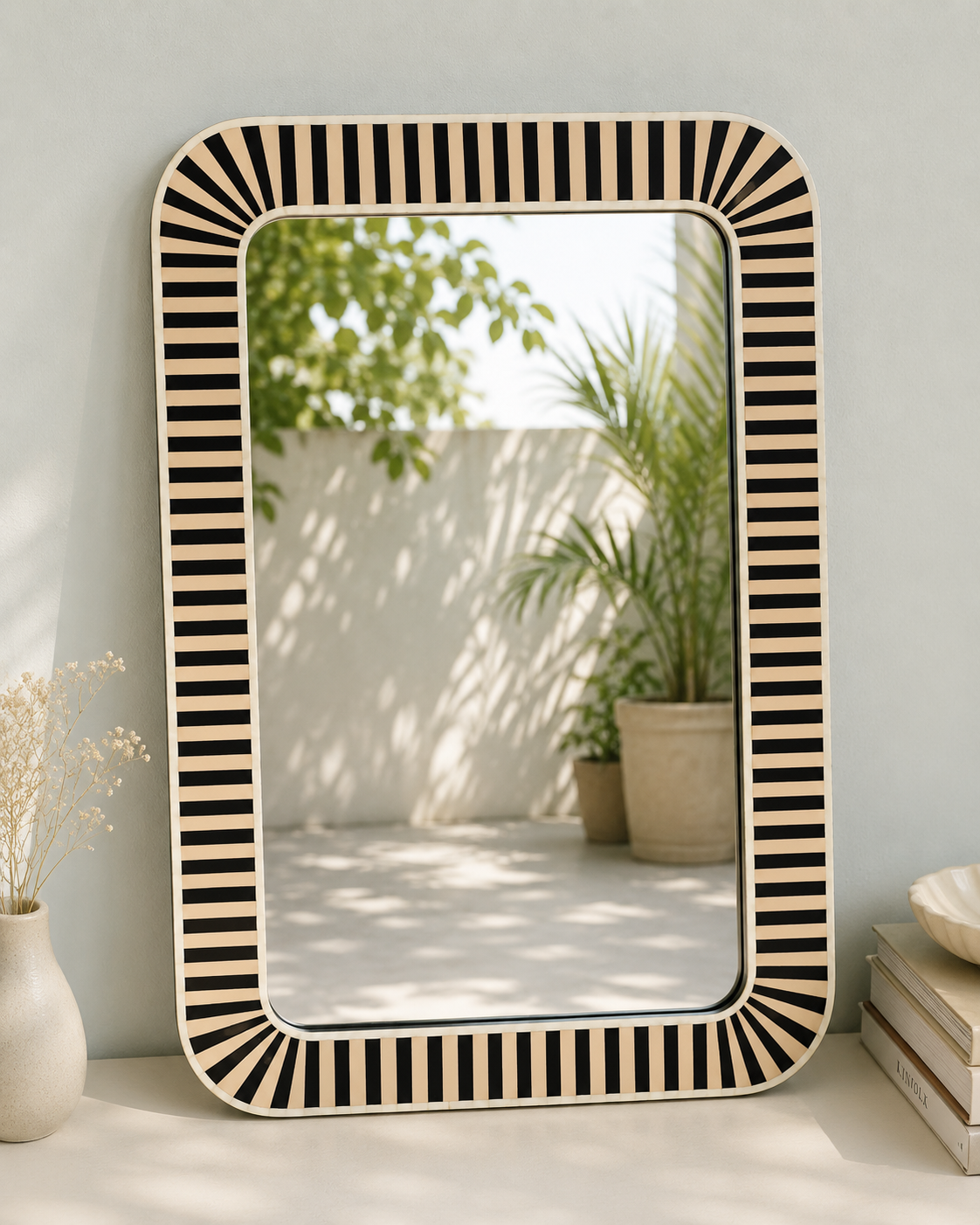 Handmade Black & White Striped Bone Inlay Mirror Frame | Modern Rectangular Wall Mirror