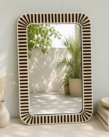 Handmade Black & White Striped Bone Inlay Mirror Frame | Modern Rectangular Wall Mirror