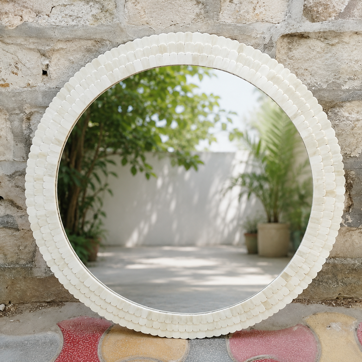 Handmade White Bone Inlay Round Mirror Frame | Luxury Decorative Wall Mirror