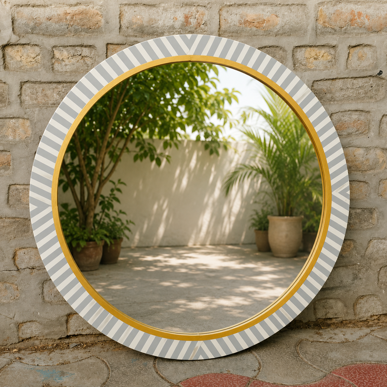 Handmade Grey Stripe Bone Inlay Round Mirror Frame | Modern Decorative Wall Mirror
