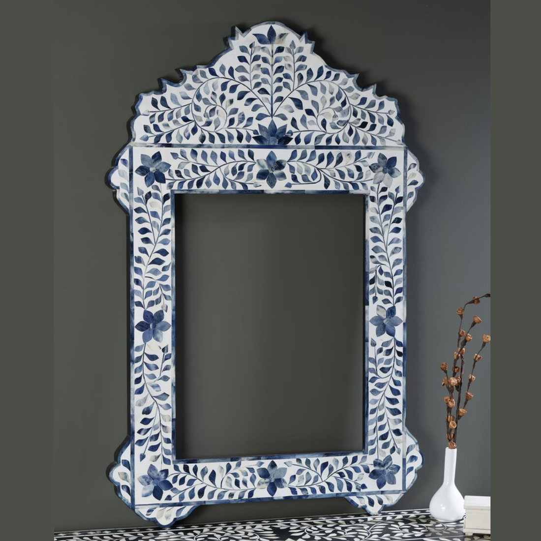 Handmade Blue Bone Inlay Floral Mirror | Decorative Wall Accent Mirror
