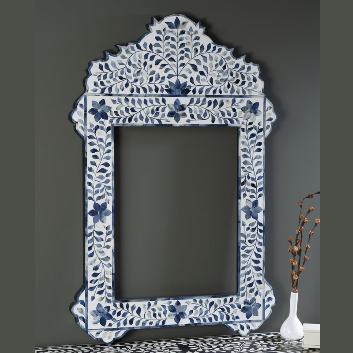 Handmade Blue Bone Inlay Floral Mirror | Decorative Wall Accent Mirror
