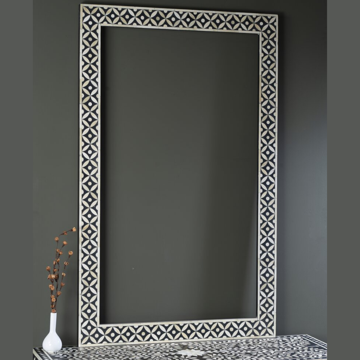 Handmade Black Bone Inlay Mirror Frame | Geometric Decorative Wall Mirror
