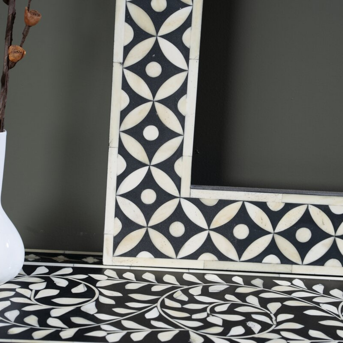 Handmade Black Bone Inlay Mirror Frame | Geometric Decorative Wall Mirror