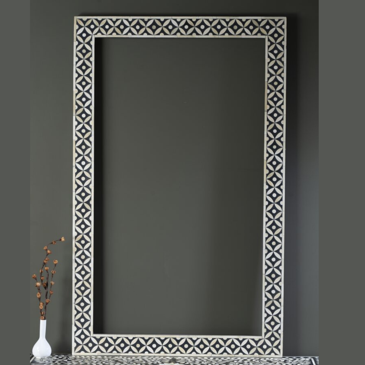 Handmade Black Bone Inlay Mirror Frame | Geometric Decorative Wall Mirror