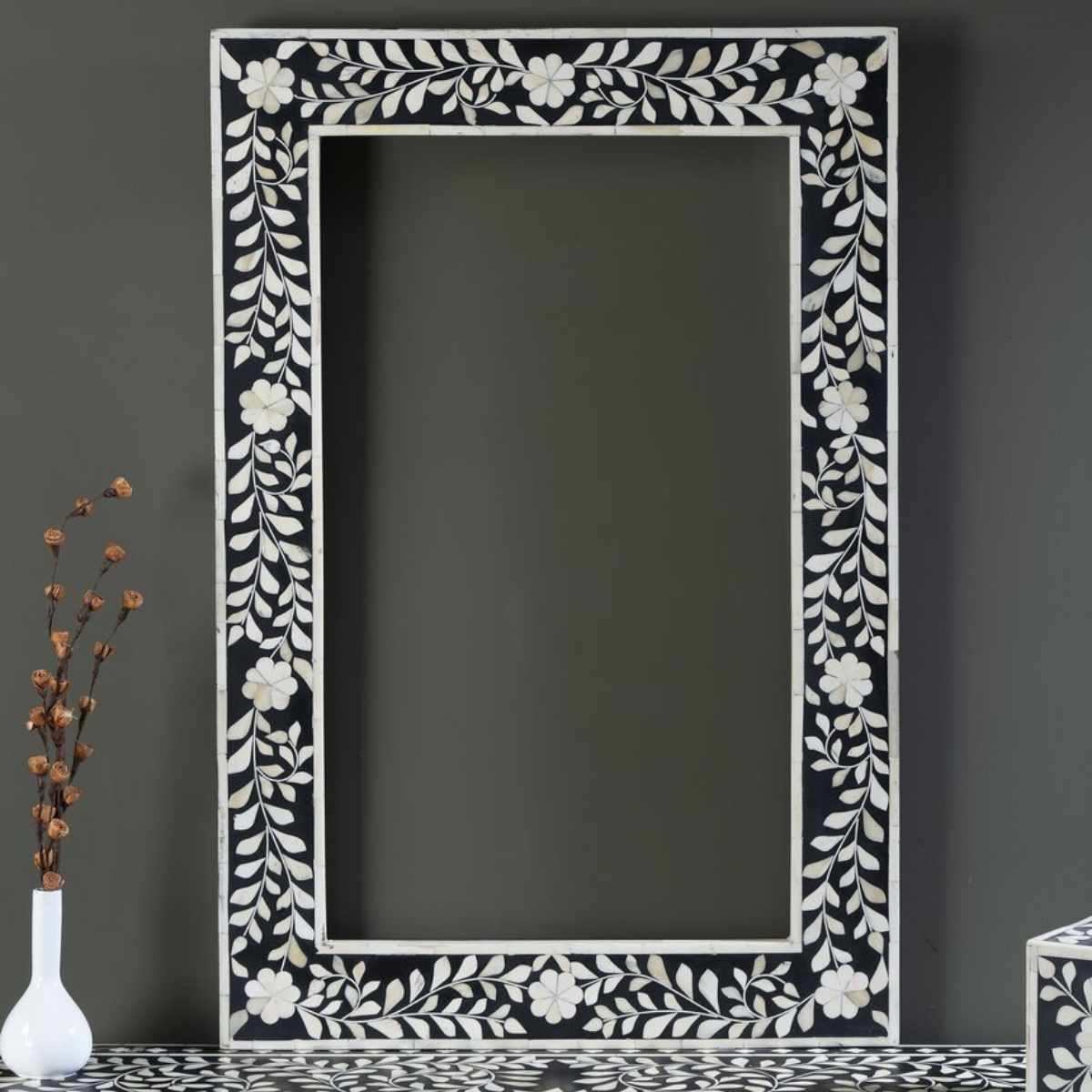 Handmade Black Floral Bone Inlay Wall Mirror | Decorative Rectangular Mirror