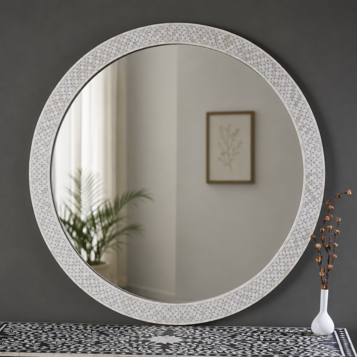 Handmade White Bone Inlay Round Mirror | Geometric Decorative Wall Mirror