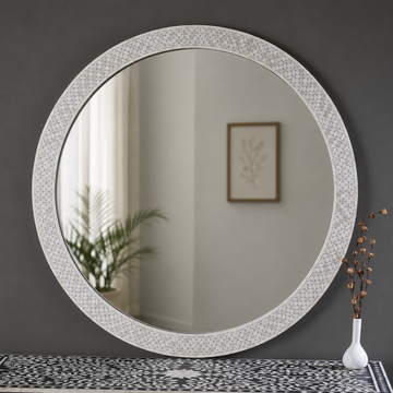 Handmade White Bone Inlay Round Mirror | Geometric Decorative Wall Mirror