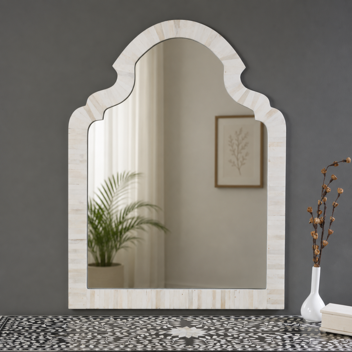 Handmade White Bone Inlay Arch Mirror | Decorative Wall Mirror