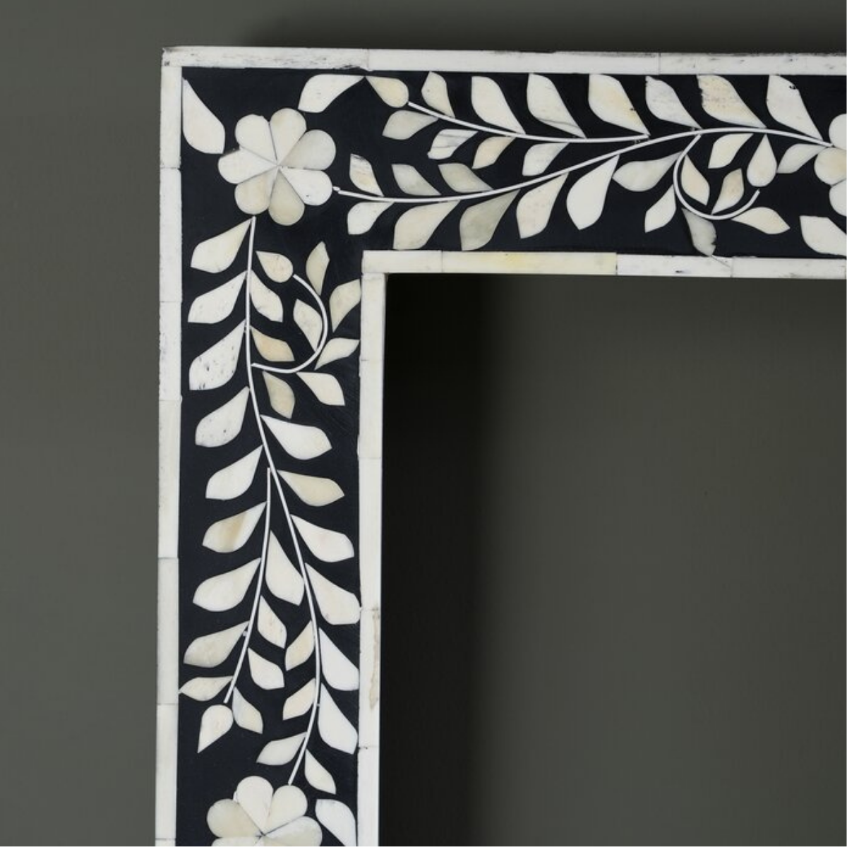 Handmade Black Floral Bone Inlay Wall Mirror | Decorative Rectangular Mirror
