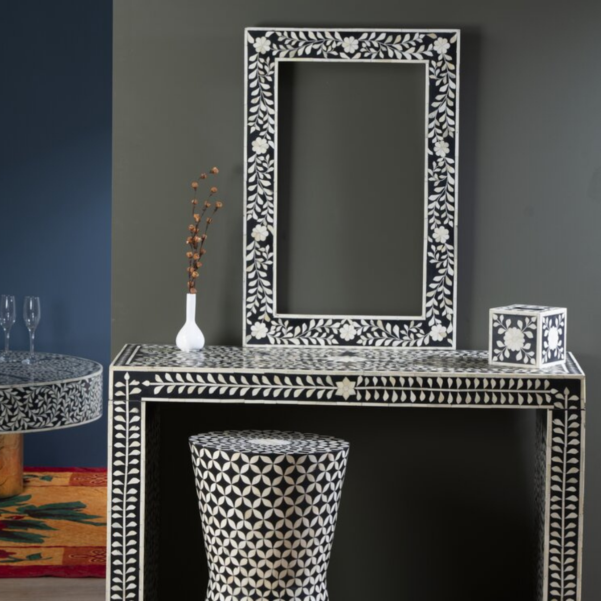 Handmade Black Floral Bone Inlay Wall Mirror | Decorative Rectangular Mirror