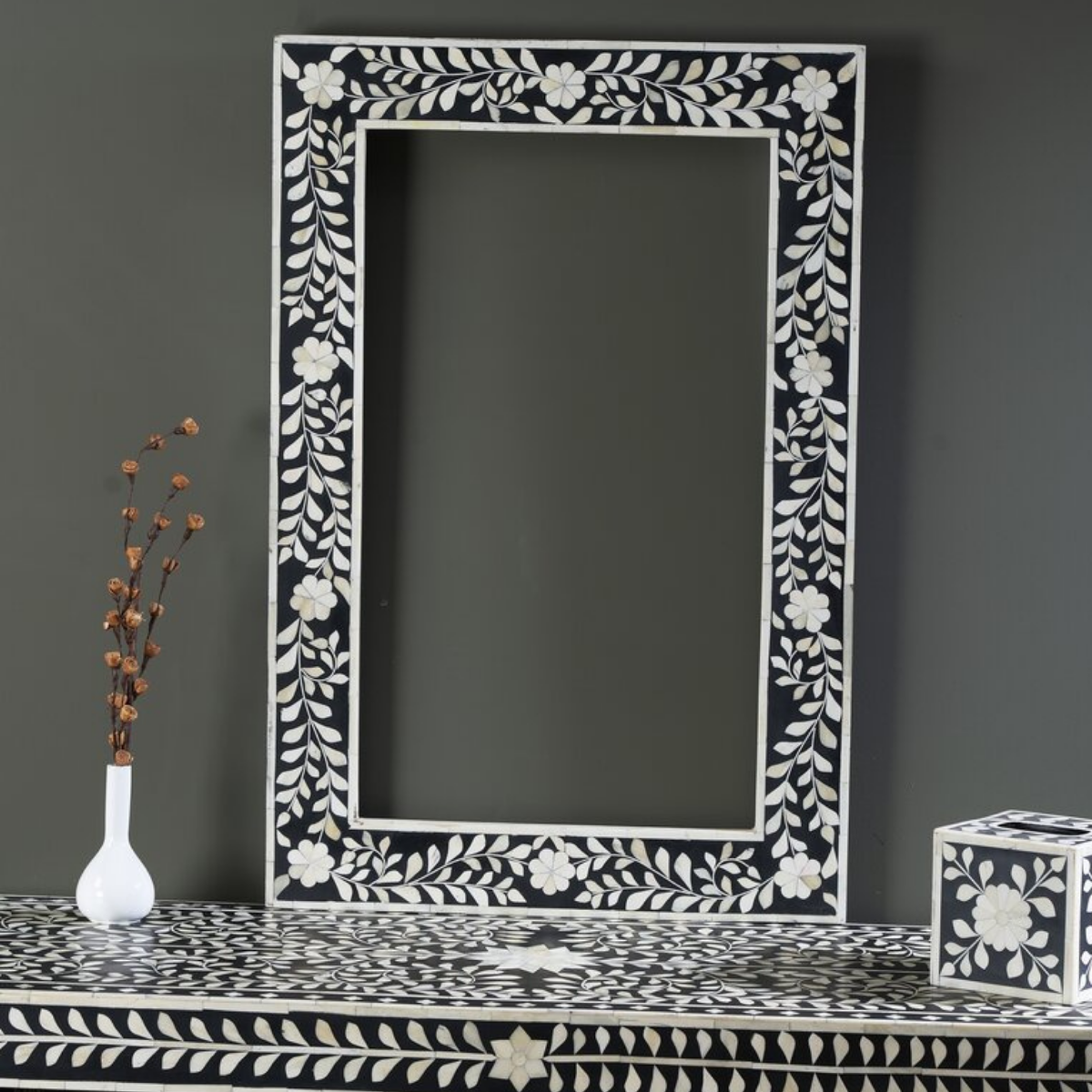 Handmade Black Floral Bone Inlay Wall Mirror | Decorative Rectangular Mirror