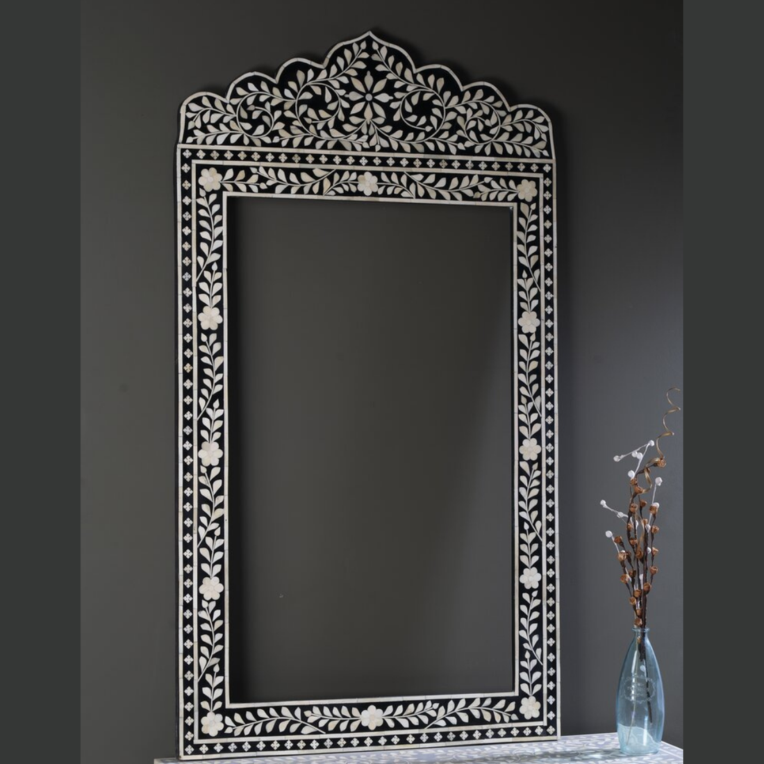 Handmade Black Bone Inlay Arch Mirror | Floral Decorative Wall Mirror