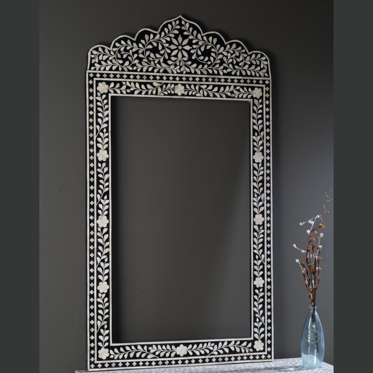 Handmade Black Bone Inlay Arch Mirror | Floral Decorative Wall Mirror