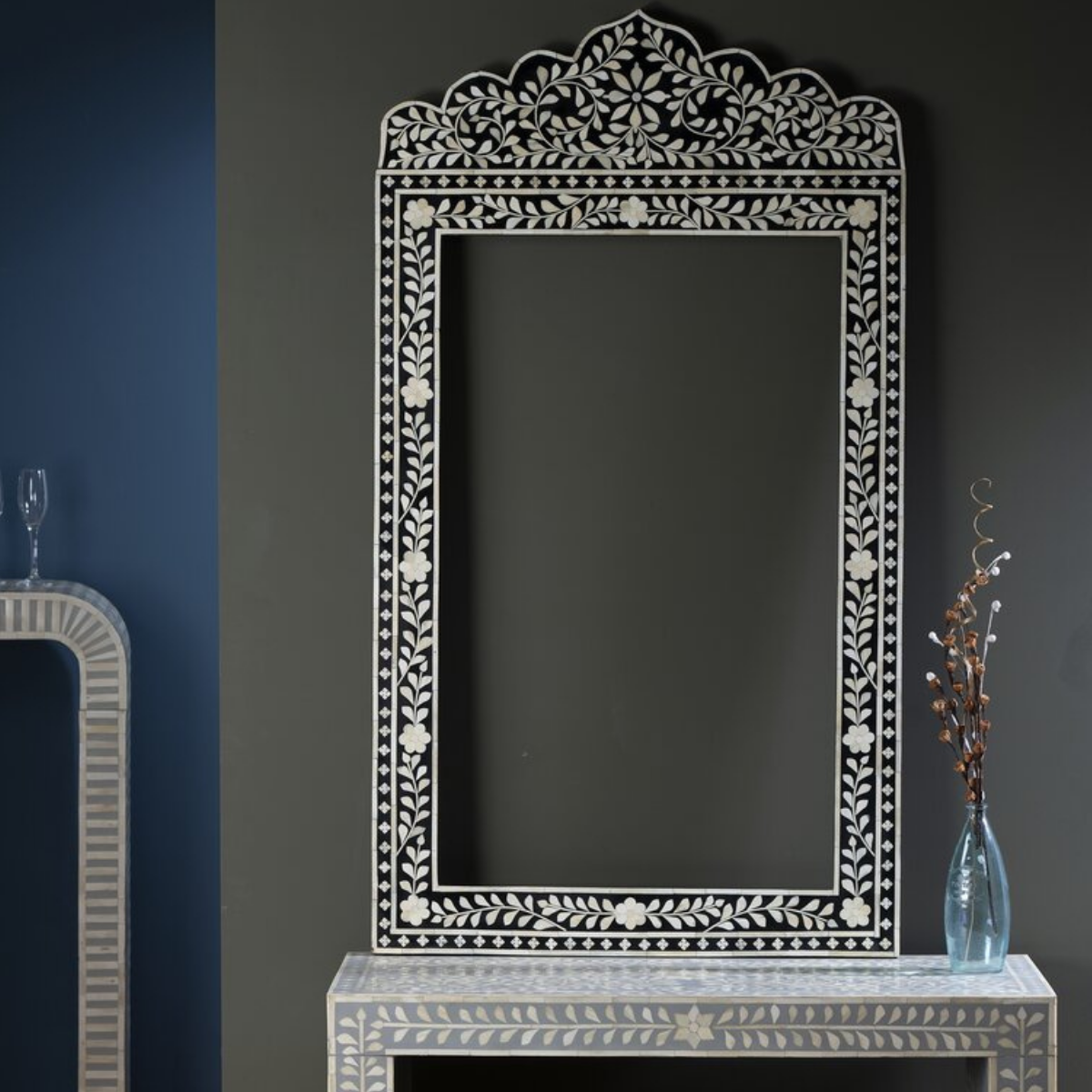 Handmade Black Bone Inlay Arch Mirror | Floral Decorative Wall Mirror