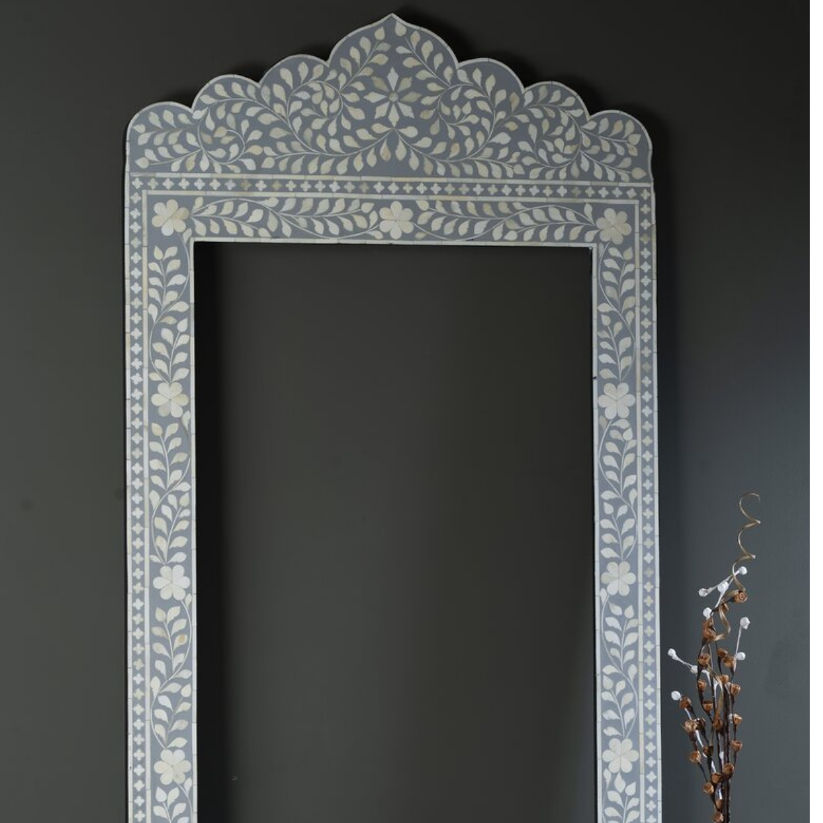 Handmade Grey Bone Inlay Arch Mirror | Floral Decorative Wall Mirror