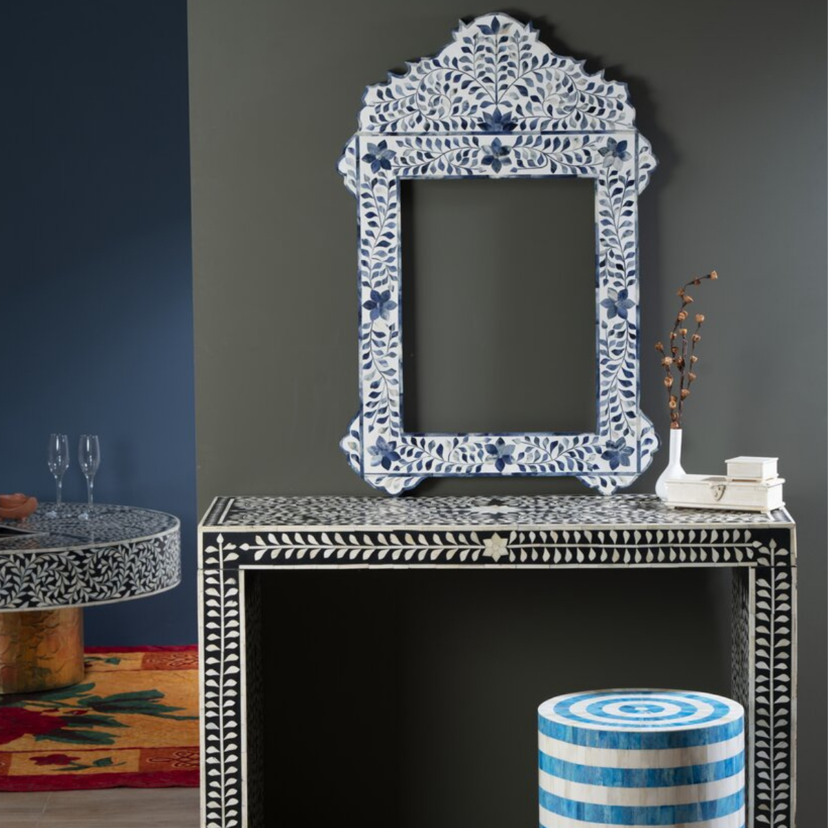 Handmade Blue Bone Inlay Floral Mirror | Decorative Wall Accent Mirror