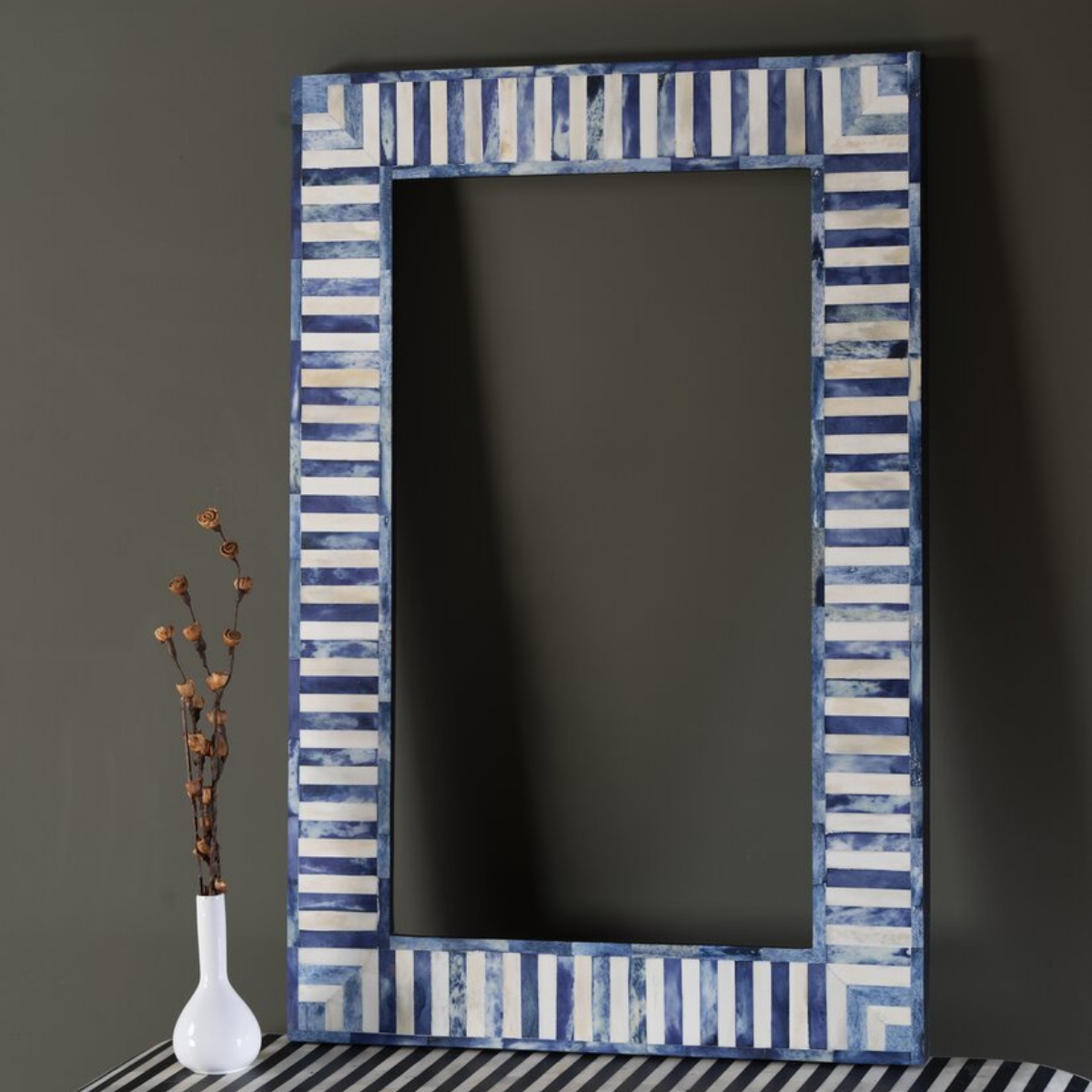 Handmade Blue Bone Inlay Striped Mirror | Rectangular Decorative Wall Mirror