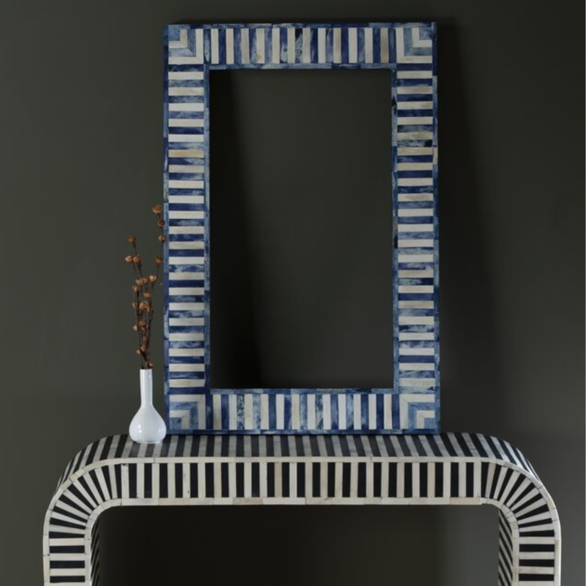 Handmade Blue Bone Inlay Striped Mirror | Rectangular Decorative Wall Mirror