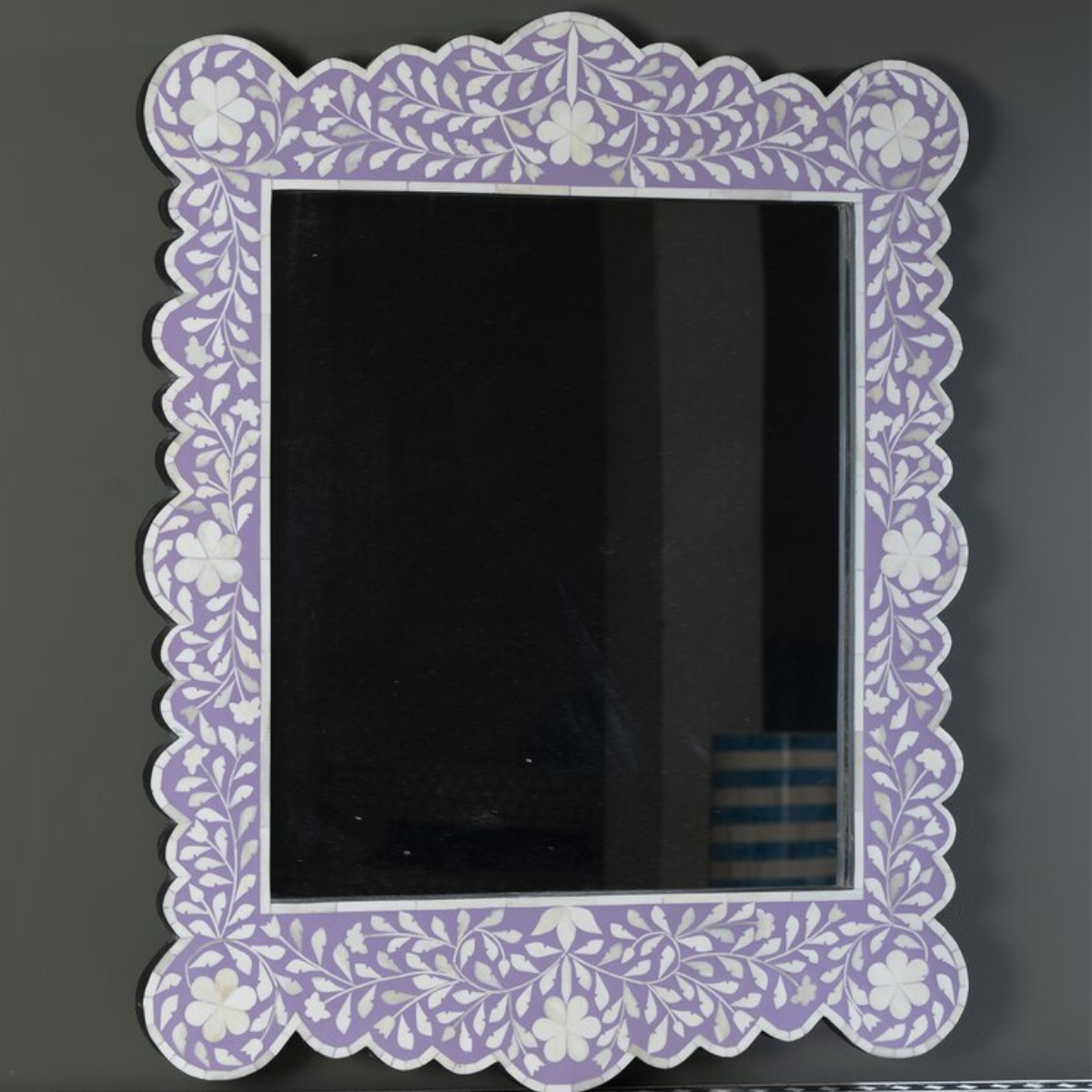 Handmade Lavender Floral Bone Inlay Wall Mirror | Decorative Scalloped Mirror