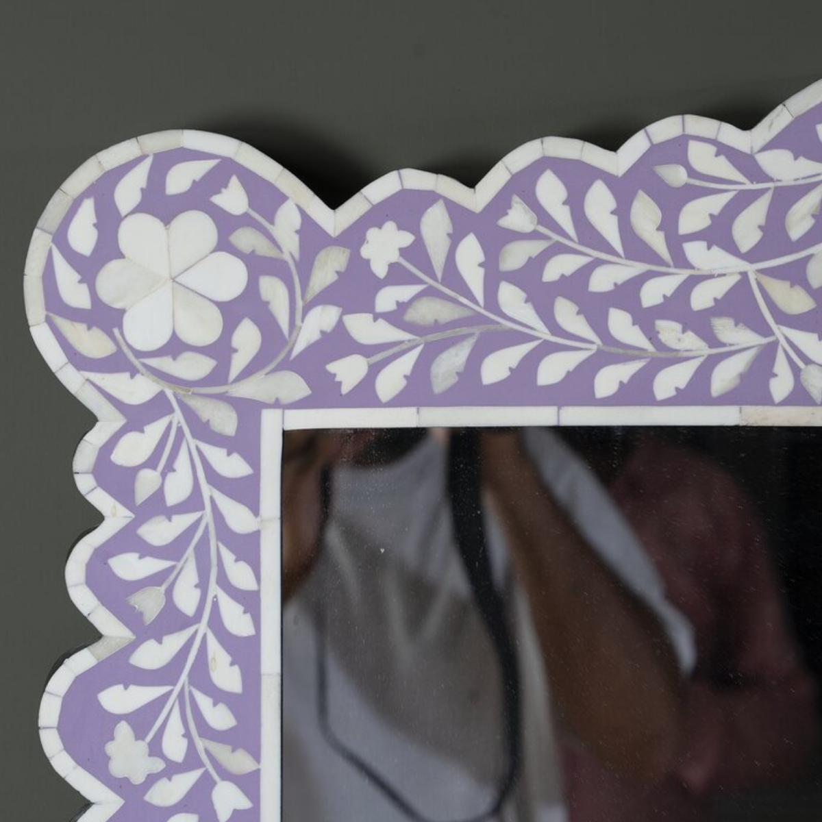 Handmade Lavender Floral Bone Inlay Wall Mirror | Decorative Scalloped Mirror