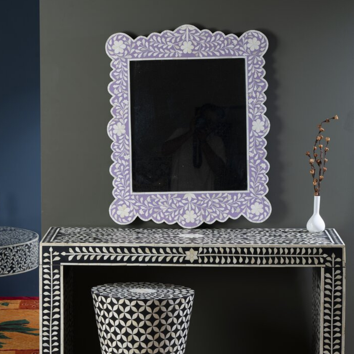 Handmade Lavender Floral Bone Inlay Wall Mirror | Decorative Scalloped Mirror
