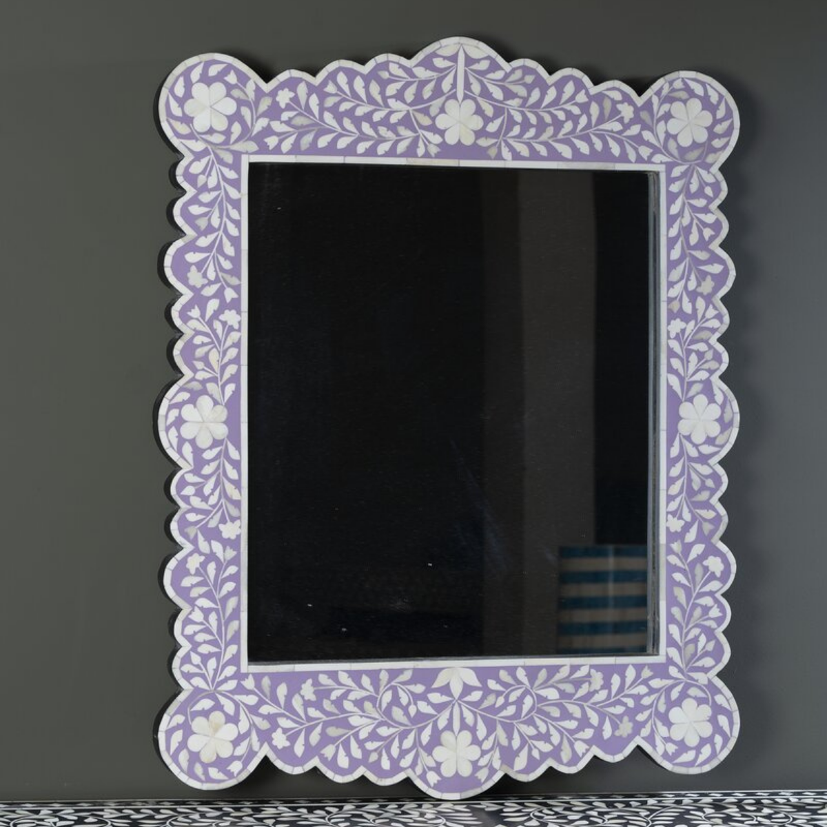 Handmade Lavender Floral Bone Inlay Wall Mirror | Decorative Scalloped Mirror