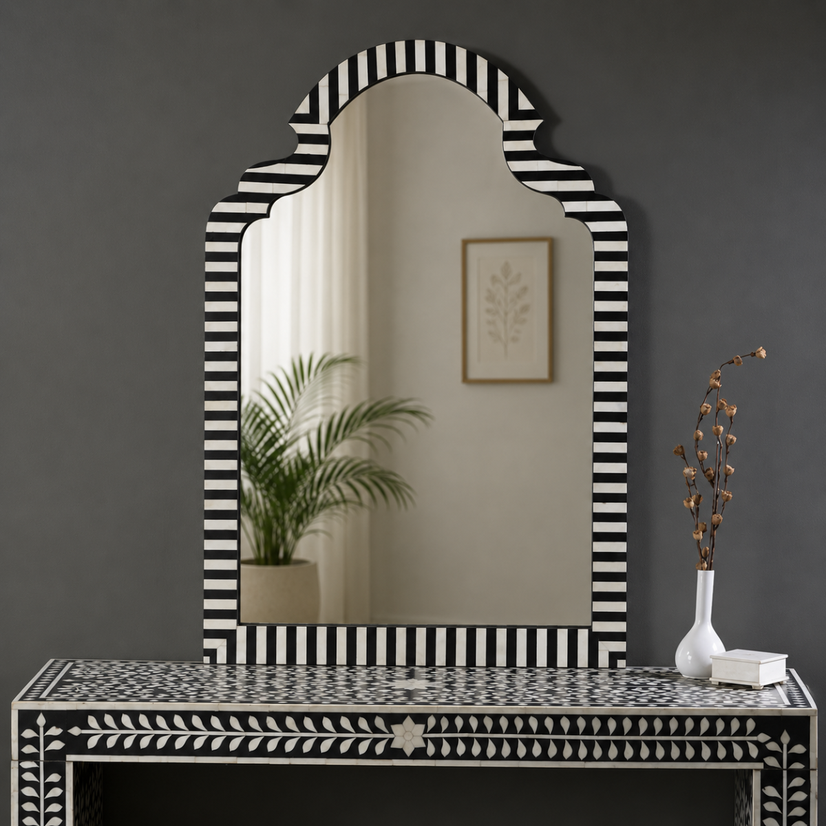 Handmade Black and White Bone Inlay Arch Mirror | Luxury Wall Mirror