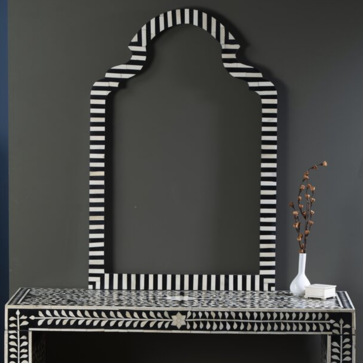 Handmade Black and White Bone Inlay Arch Mirror | Luxury Wall Mirror