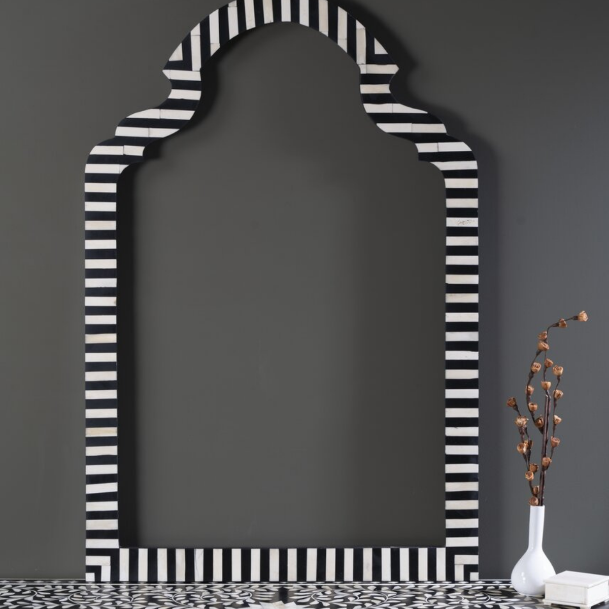 Handmade Black and White Bone Inlay Arch Mirror | Luxury Wall Mirror